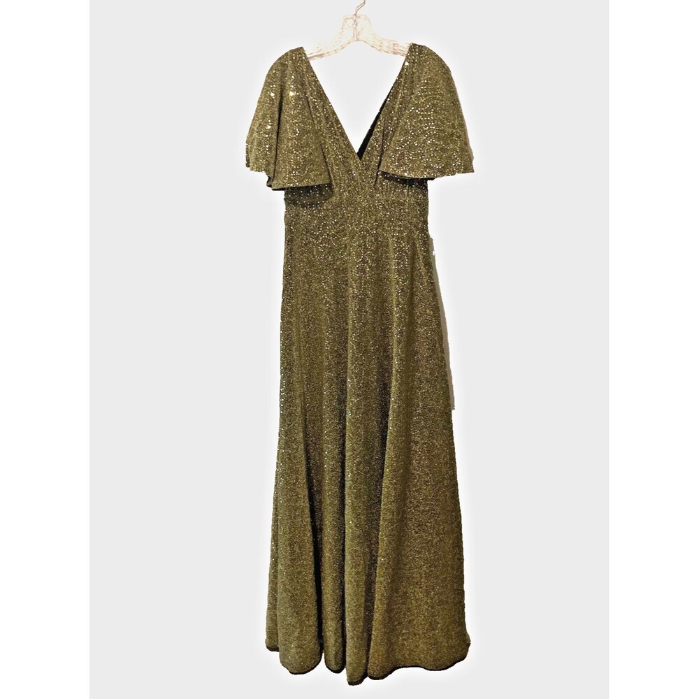 QUIZ gold glitter sequin Lurex v-neck angel sleeves empire waist evening gown 10